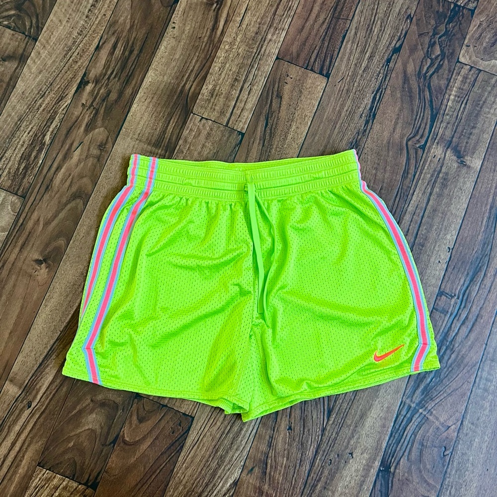 Nike Women's Bright Green Athletic Shorts with Pink Accents